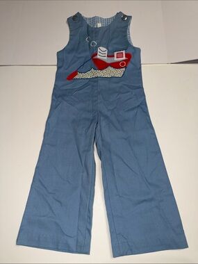 Vintage longall/Jon jon Romper Blue Kids Overalls with Red Boat Appliqué
